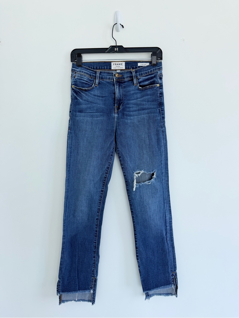 Frame Denim Mid-Blue Distressed Straight-Leg Jeans